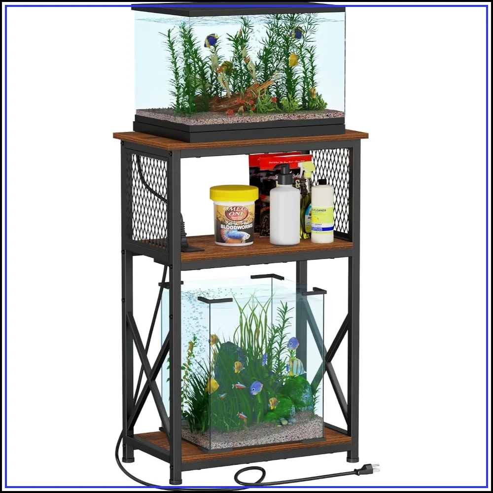 10 Gallon Fish Tank Stand with Power Outlets, 3 Tier Heavy Duty Metal Aquarium Stand, Storage Shelf, 20.47" x 11.42" x 30.91", Rustic Brown