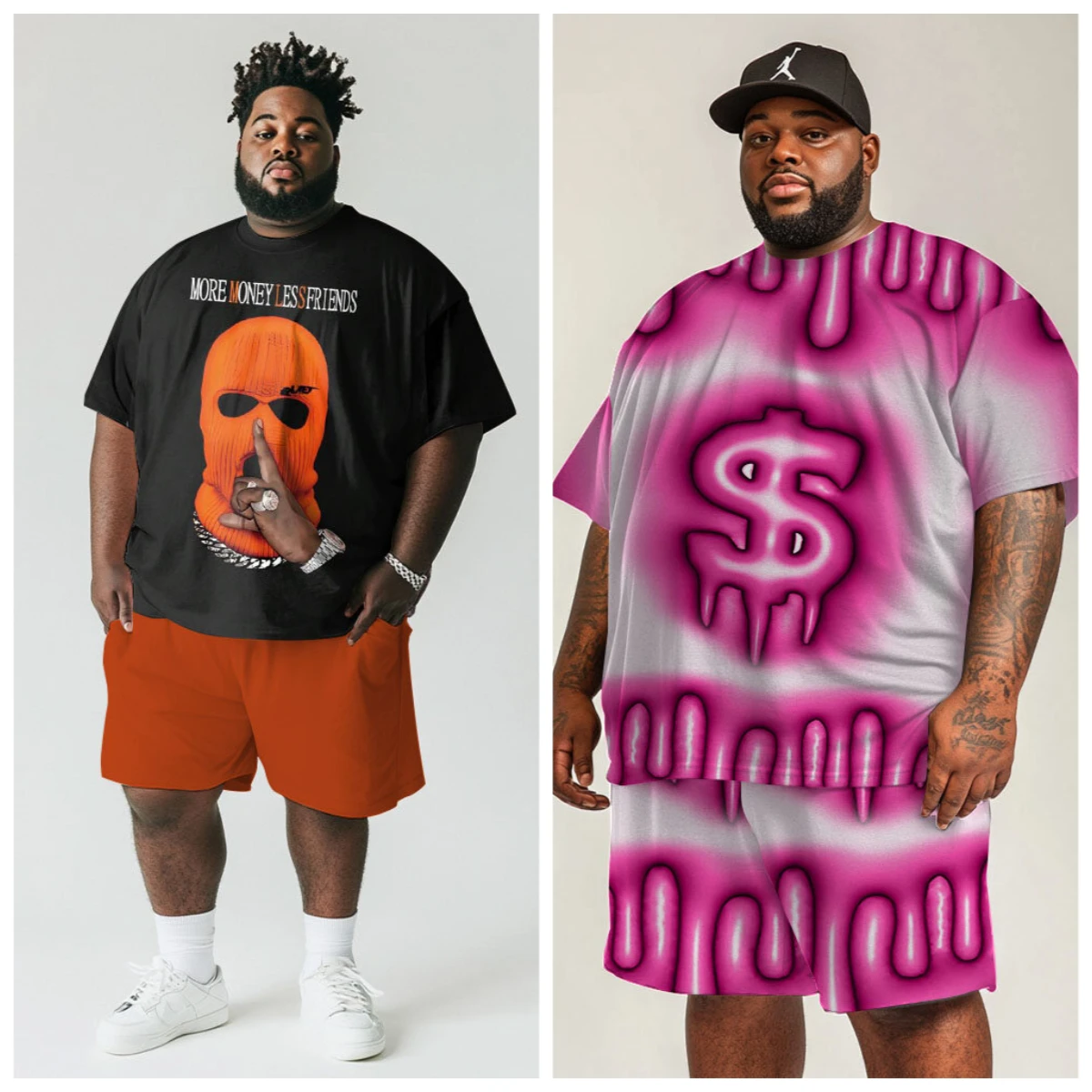

S-9XL Big & Tall Drip Dollar Symbol Ski Mask Letter Print Tee & Shorts 2Pcs Hip Hop Outfit