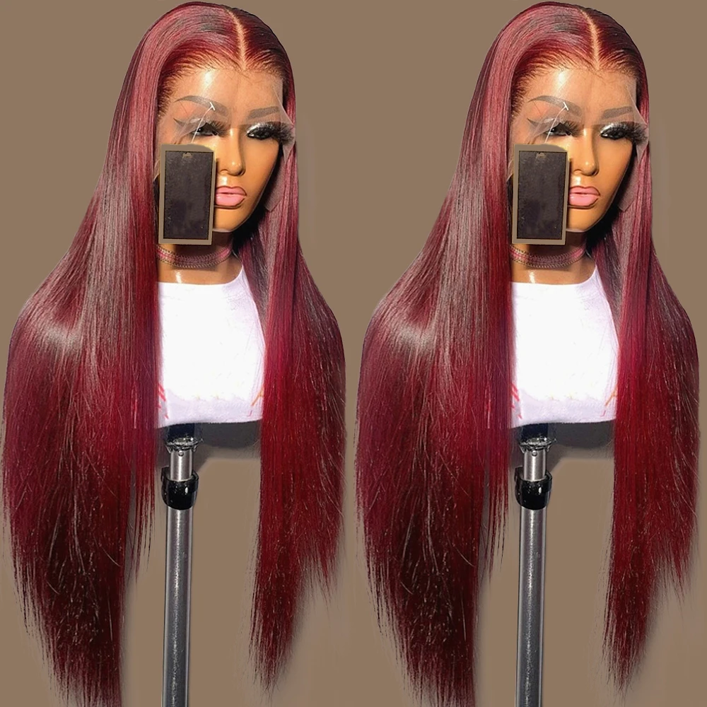 99J Red Colored Lace Front Human Hair Wigs Bone Straight Burgundy 13X4 Transparent Glueless Lace Frontal Wigs for Women PrePluck