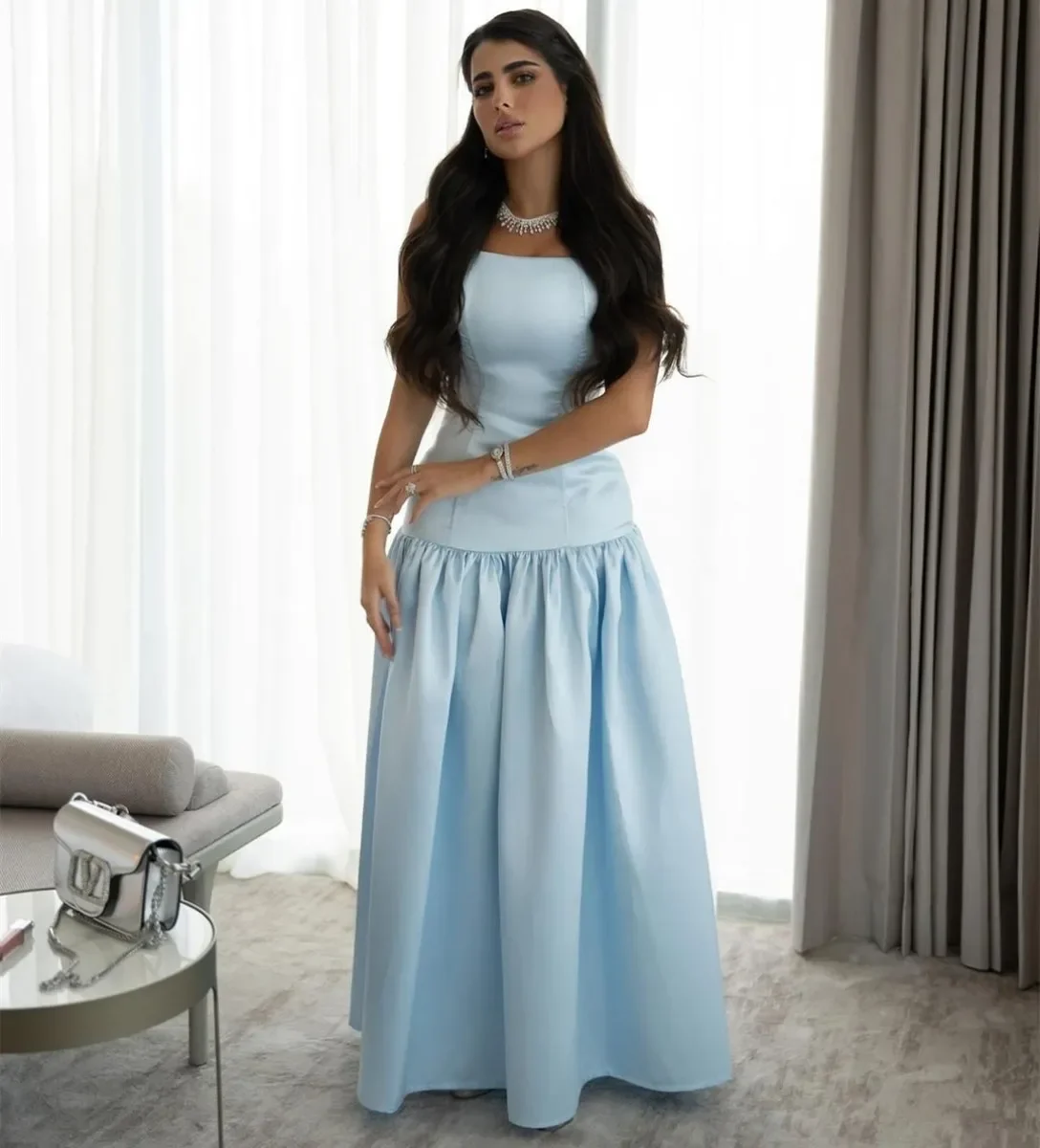 

Customized Elegant Long Light Blue Strapless Evening Dresses A-Line Satin Sleeveless Pleated Prom Dress Party Dresses for Women