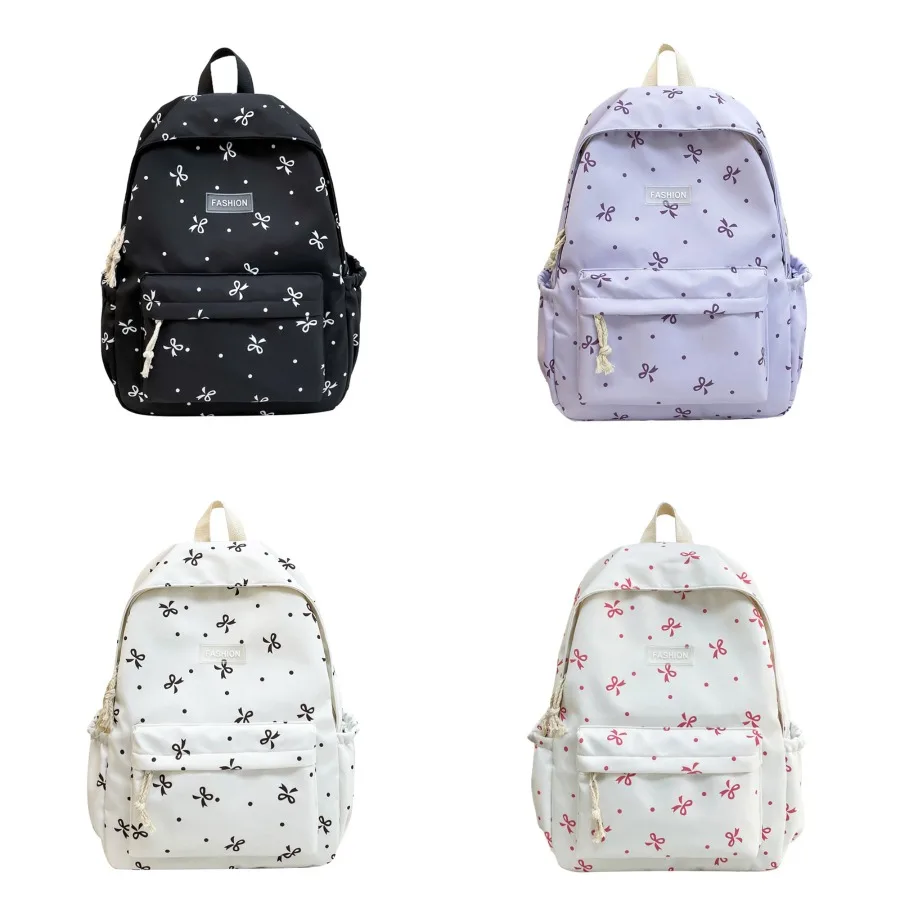 

【New Arrival】 Bow Print Casual Backpack, Lightweight Nylon Daypack with White Bow & Polka Dot Print for Women