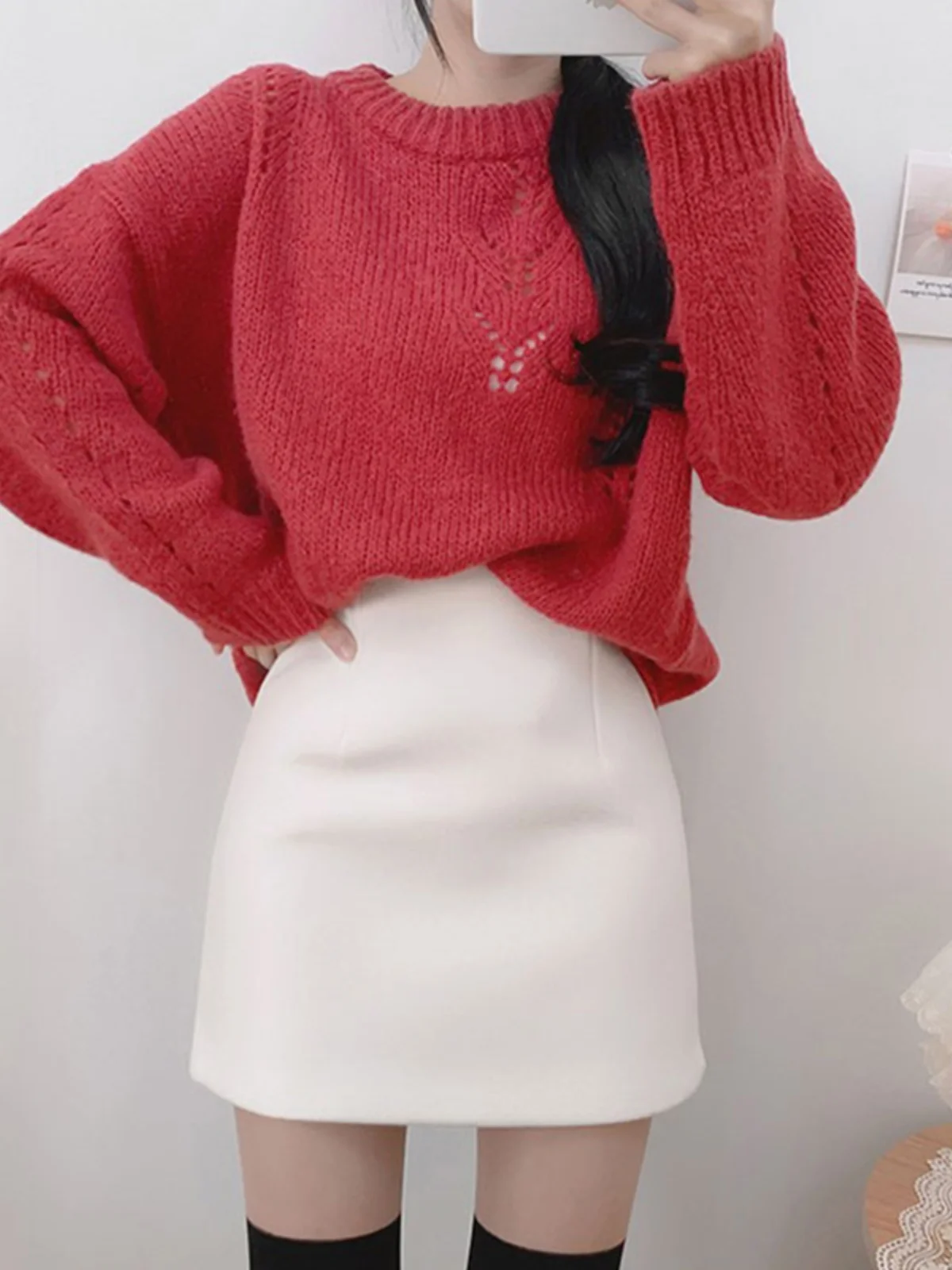 Weißer A-Linien-Rock mit hoher Taille, Damen-Wollrock, schlankmachender Stil für Herbst und Winter, Röcke, faionable Trend