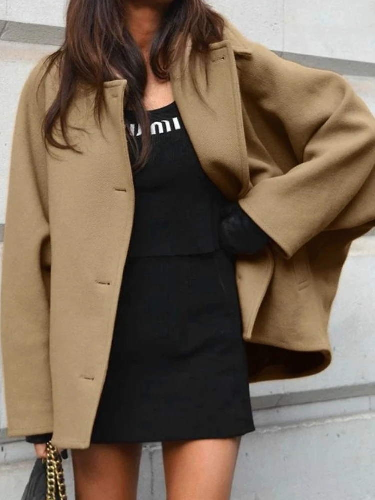 New in Women Autumn Winter Loose Short Jacket Lapel Long Sleeves Pocket Single-Breasted Decoration Casual Jacket Woman Solid Top