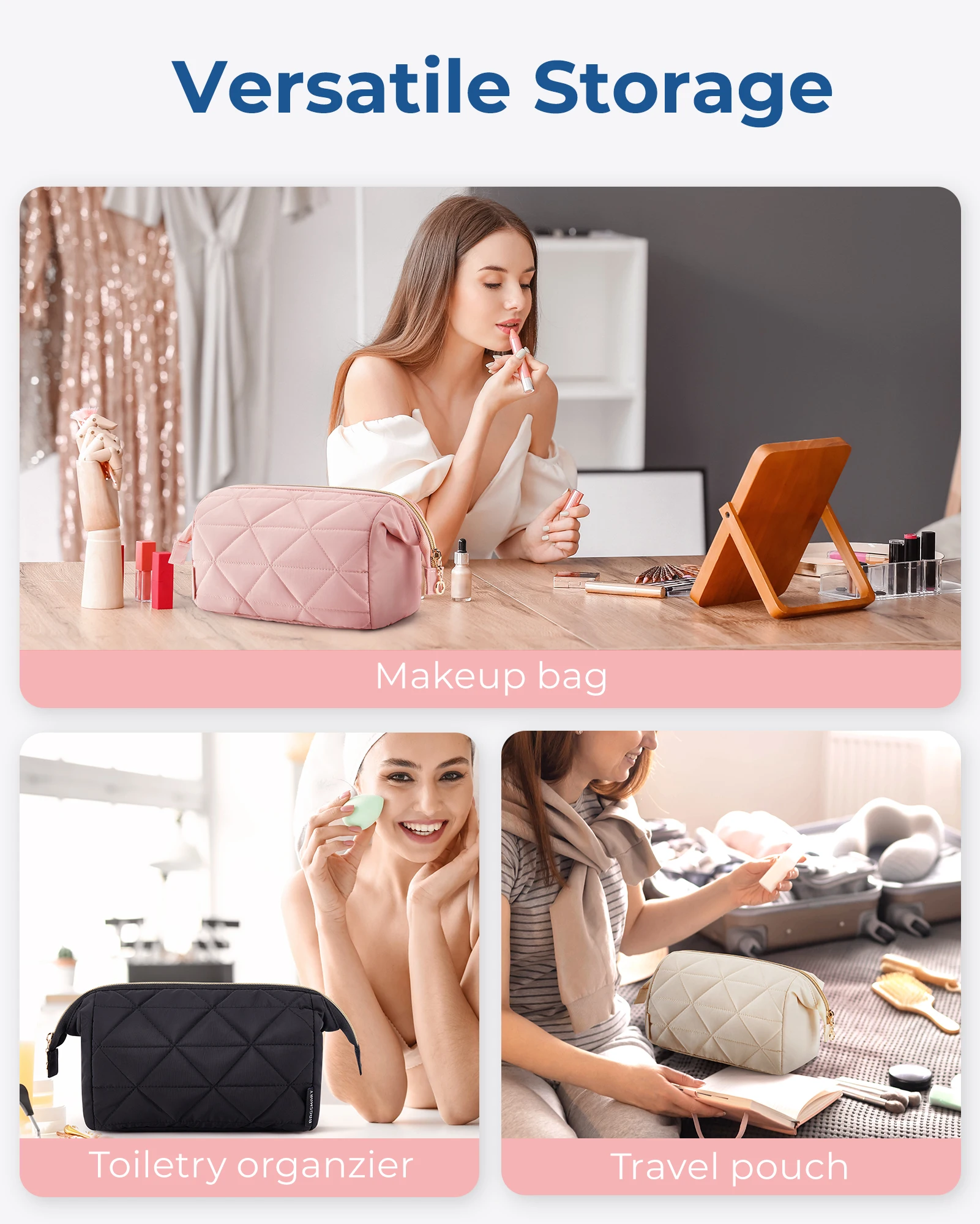 BAGSMART Borsa per organizer per trucco Borsa per cosmetici ampia aperta Custodia per trucco imbottita gonfia per articoli da toeletta essenziali Accessori Spazzole