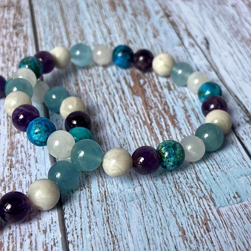 1pc/Boho Beaded Stretch Bracelet White Lace Onyx, Aquamarine, Moonstone, Malachite Stress Relief Jewelry Gift