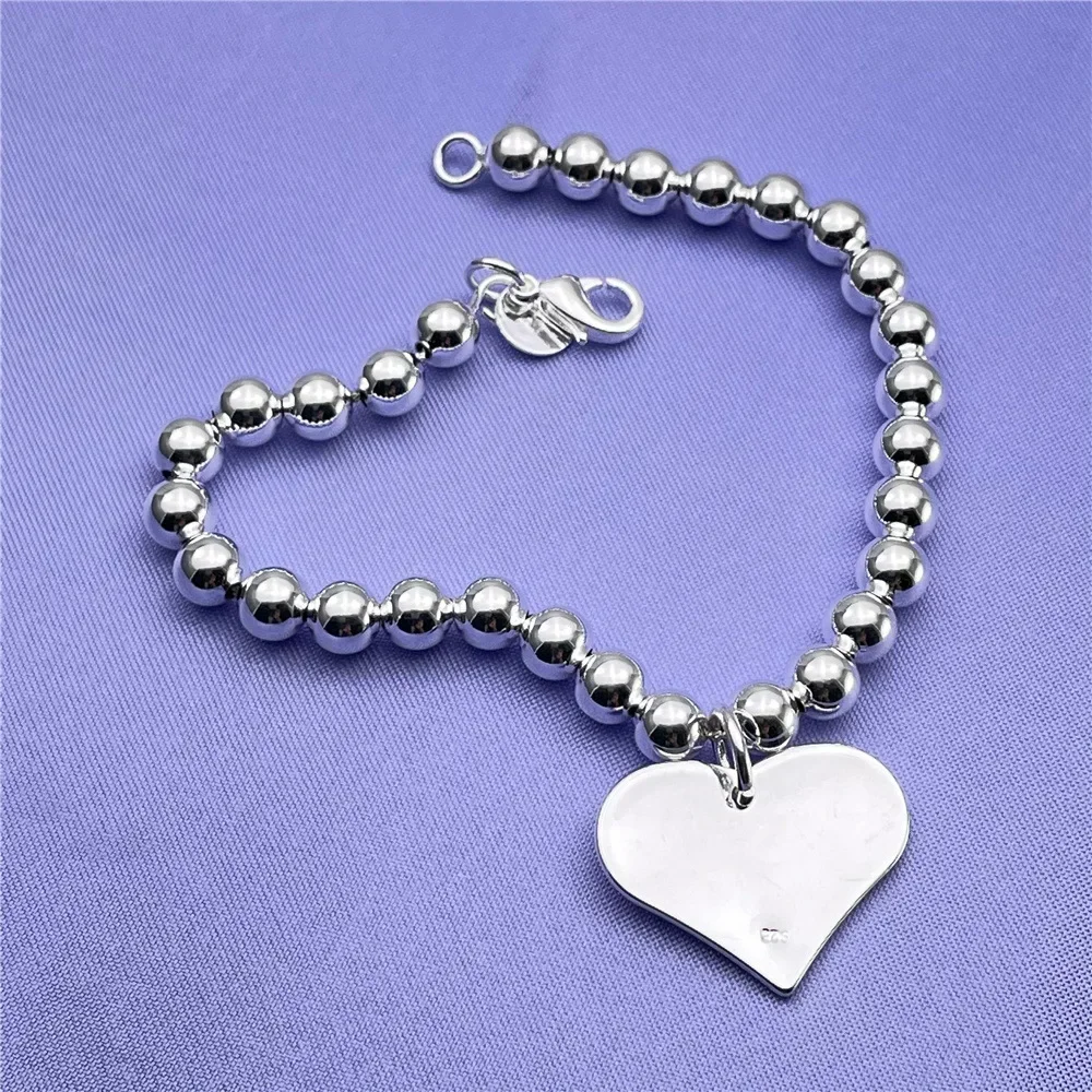 Street all-match 925 Sterling Silver fine 6MM Beads Chain Heart Pendant Bracelets for Women fashion party wedding Jewelry gifts
