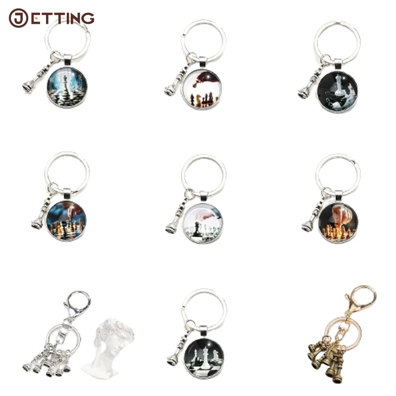 1*Fashion Chess Keychain Chessboard Chess Piece Glass Dome Pendant Car Keychain Ring Chess Lovers Gift Metal Key Ring Pendant