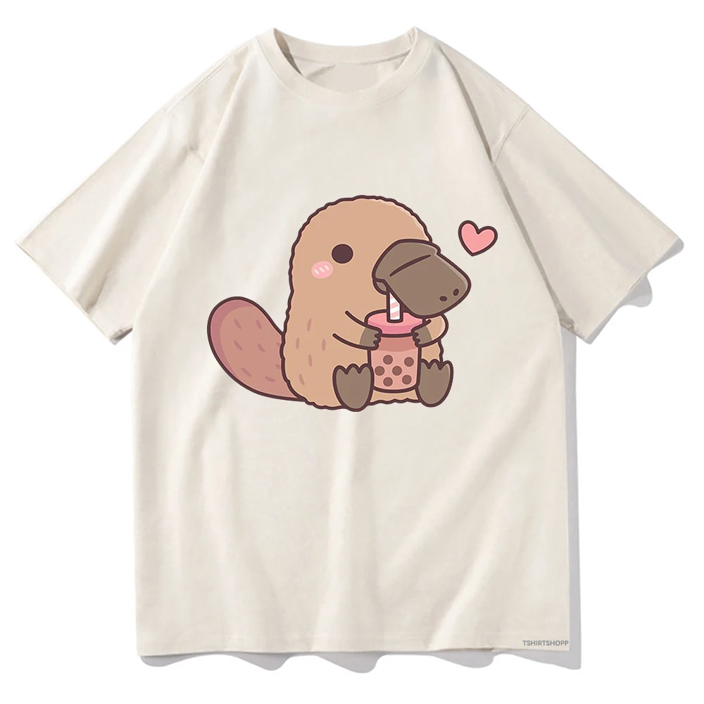 Kawaii Cute Platypus Loves Drinking Bubble Tea T Shirts Funny Men/Women Clothing Aesthetic Cotton Tshirt Vintage Unisex Clothes