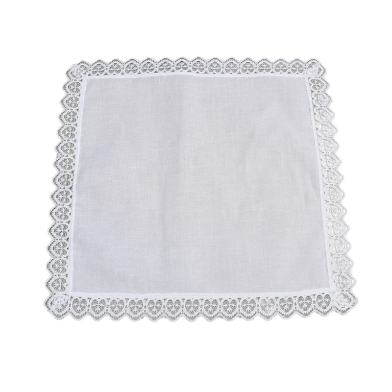 

652F Portable Tie-dye Lace Trim Cotton Handkerchief for Woman Man Gentleman White Cotton Handkerchief Lace Trim Handkerchief