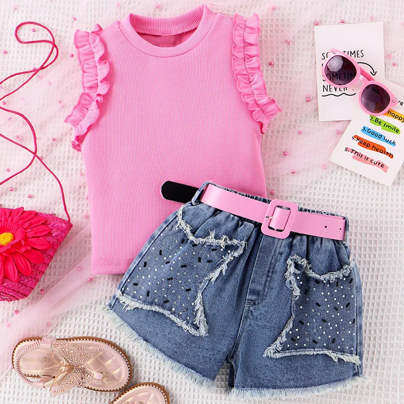 

Summer Little Girls Clothing Korean Fashion Pink Sleeveless Tops+Denim Shorts+Belt Boutique Kids Clothes Children's Sets B052