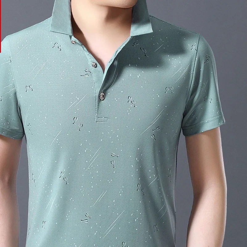 Business Casual Summer Turn-down Collar Men\'s T-shirt Printing Button Korean Trend Versatile Short Sleeve Loose Polo Shirt Tops