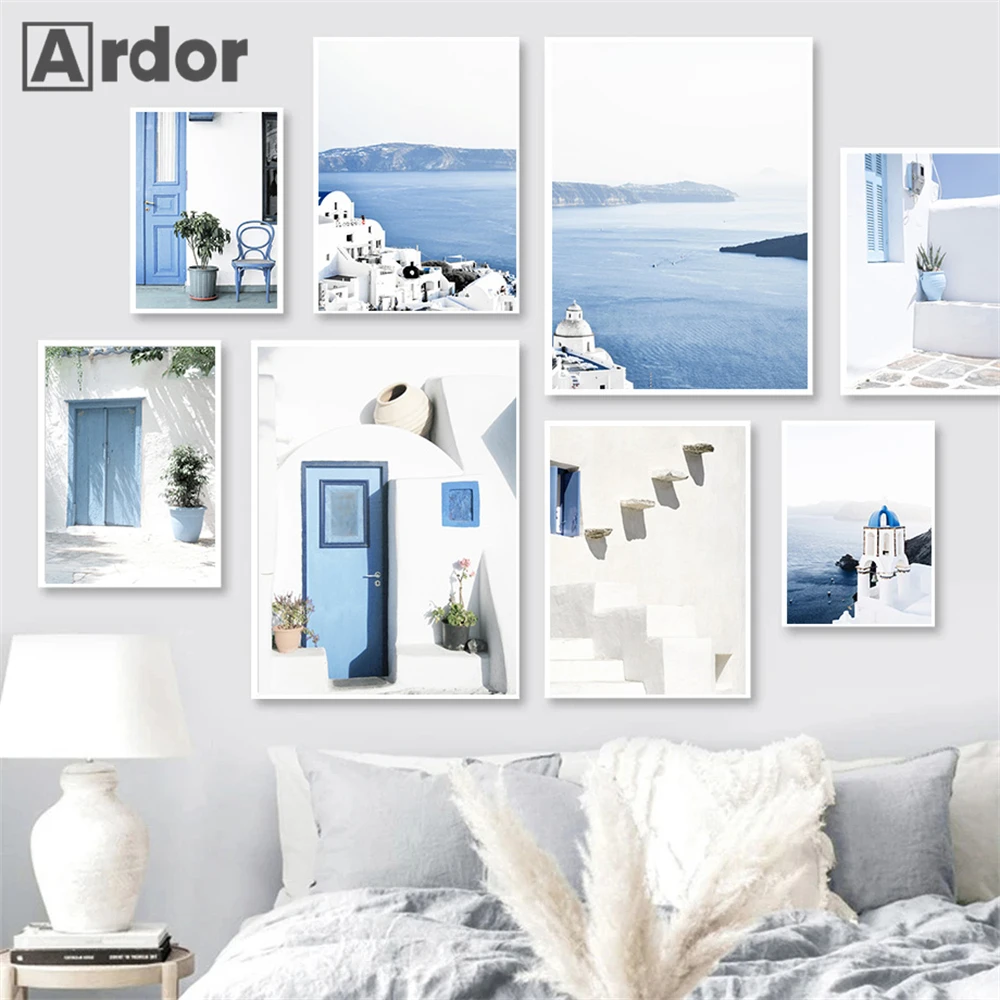 Greece Sea Ocean Poster Santorini Canvas Prints Plants Blue Vase Door Wall Art Painting Nordic Posters Picture Living Room Decor