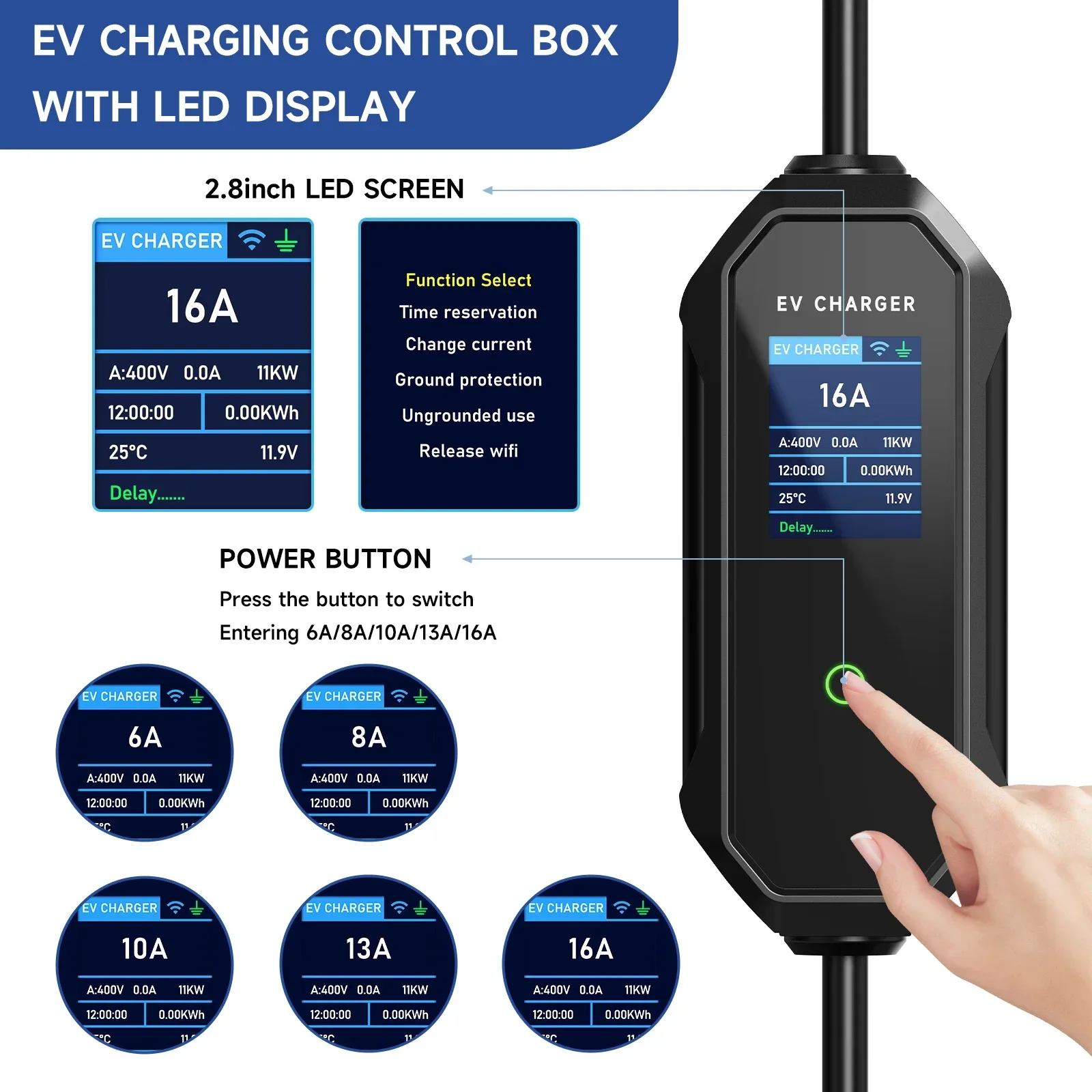 ポータブルev充電器,11kW,16A, 3相,タイプ2, IEC62196-2,evse,急速充電,財布,プラグ,wifi,アプリ,Bluetooth,ワイヤレス制御