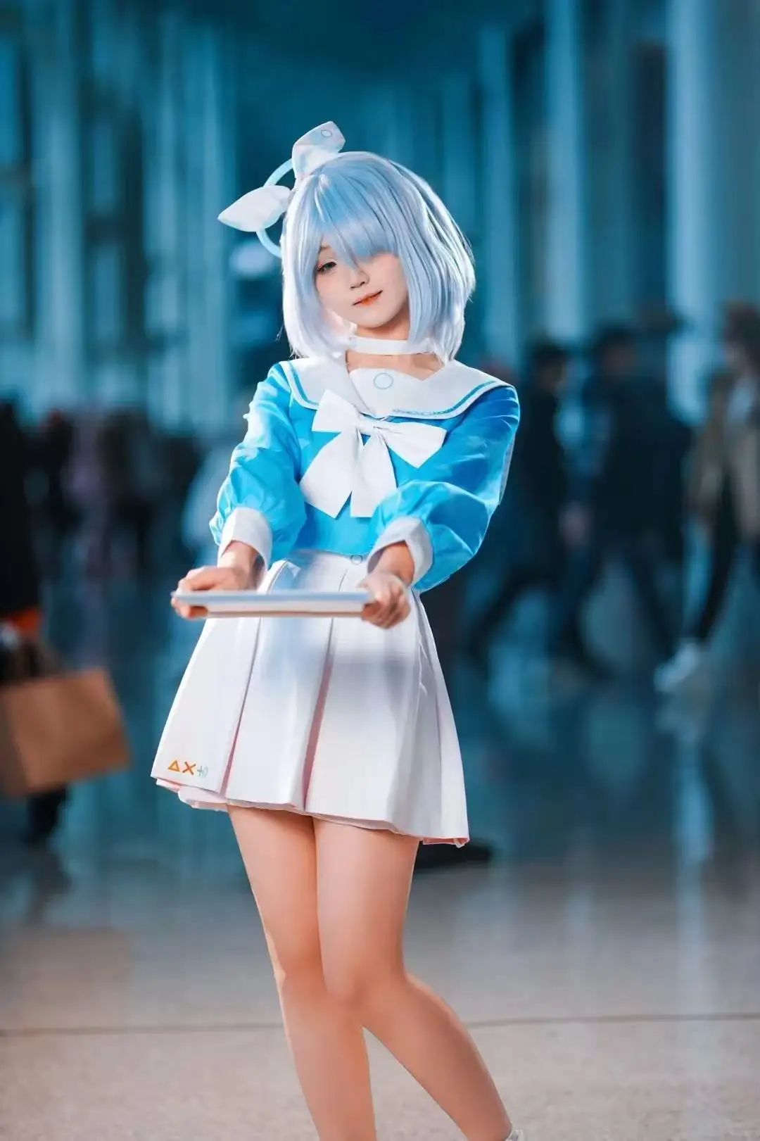 

Blue Archive Arona Cosplay Costume Water Blue One-Piece Swimsuit Sailor Suit Set