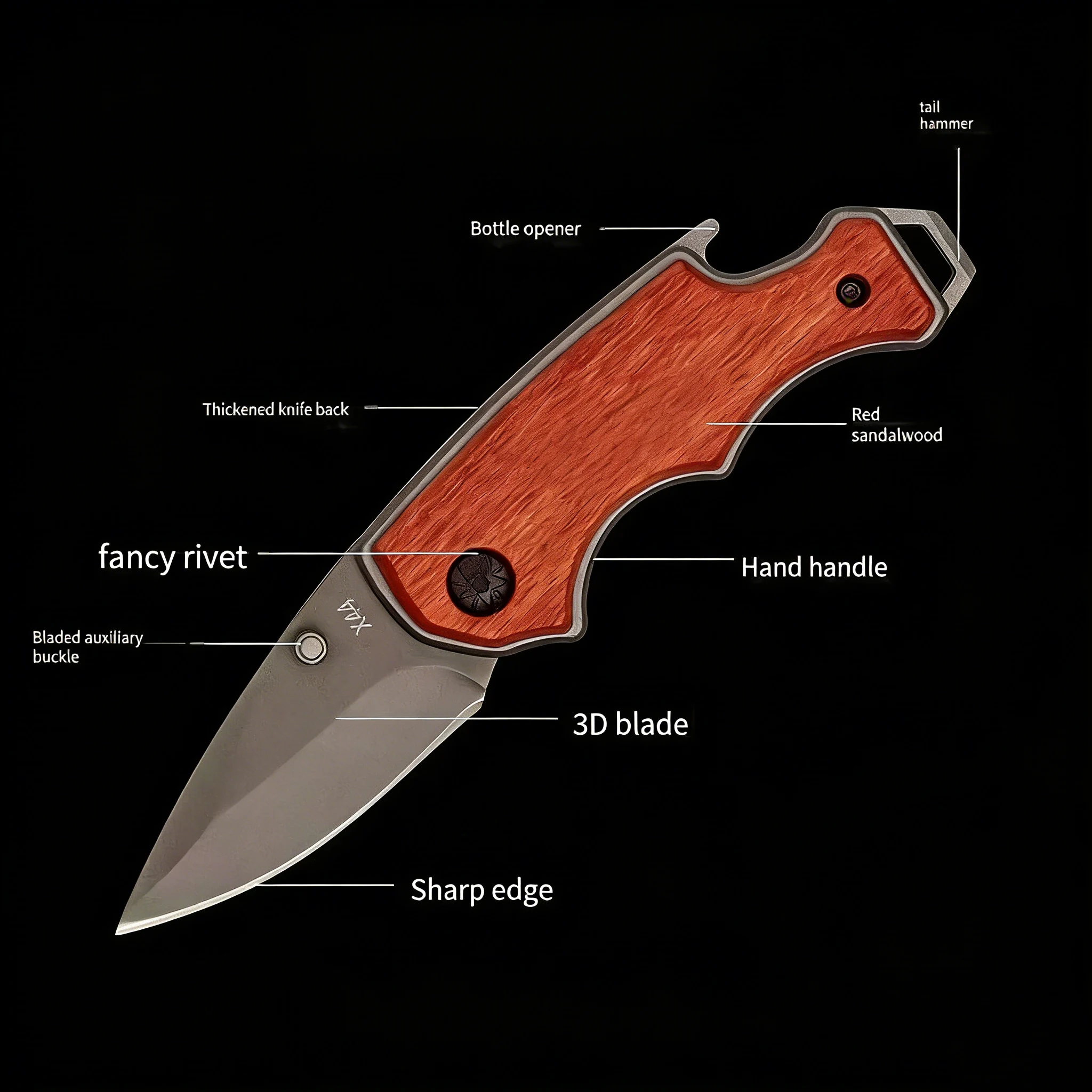 Rosewood folding knife Multifunctional sharp knife Portable mini folding knife with bottle opener EDC tool