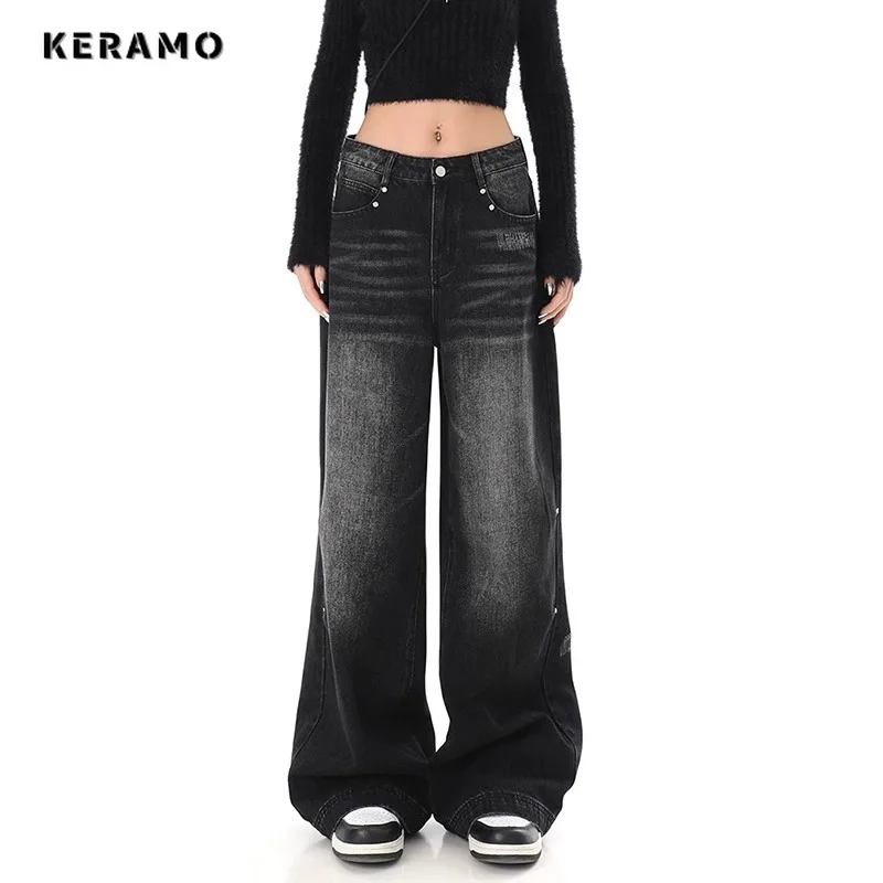 Women's Retro Wide Leg Baggy Casual Denim Trouser Harajuku Black Washed High Waist Jeans 2024 Summer Japanese Loose 2000s Pants