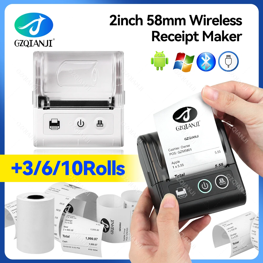 GZQIANJI-Mini impresora térmica de recibos de 2 pulgadas, máquina de impresión inalámbrica con USB, rollo de papel de impresión de 57mm para iOS, Android y Windows