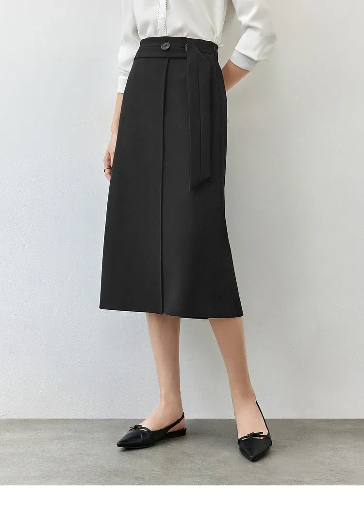 

SENTUBILA Office Lady Black Skirt for Women 2024 Autumn A-line High Waist Twill Mid-length Long Skirt Women Skirt 143Q56697