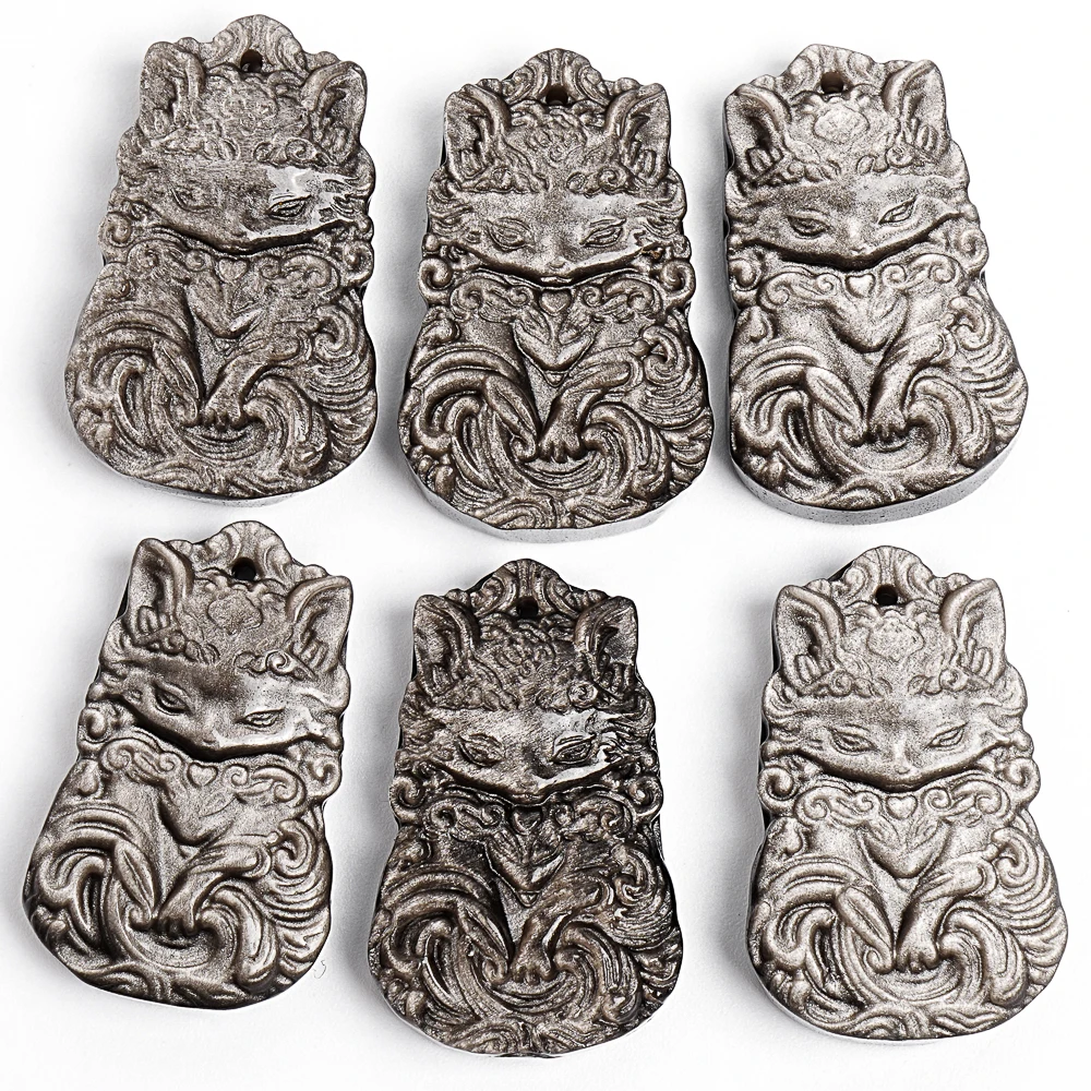 

Natural Moonlit Silver Obsidian Hand Carved Fox Deity Pendant 37x23x8mm For Jewelry Necklace Making DIY Accessories