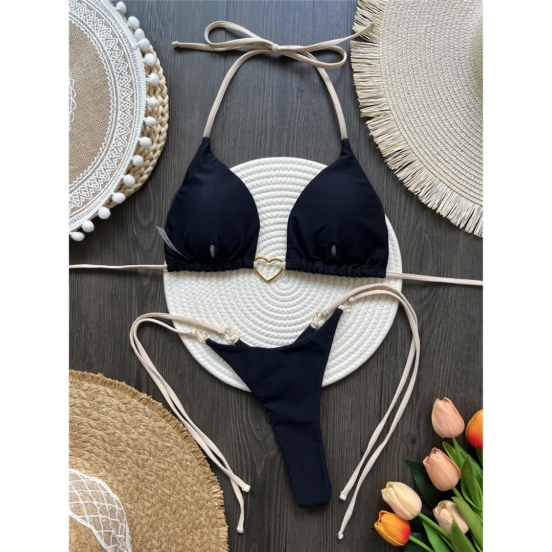 Halter Metall Herzförmiger Mini-Tanga-Bikini Damen-Badeanzug Zweiteiliger Bikini-Set Badebekleidung Badeanzug Schwimmen V6039 – Detail 26