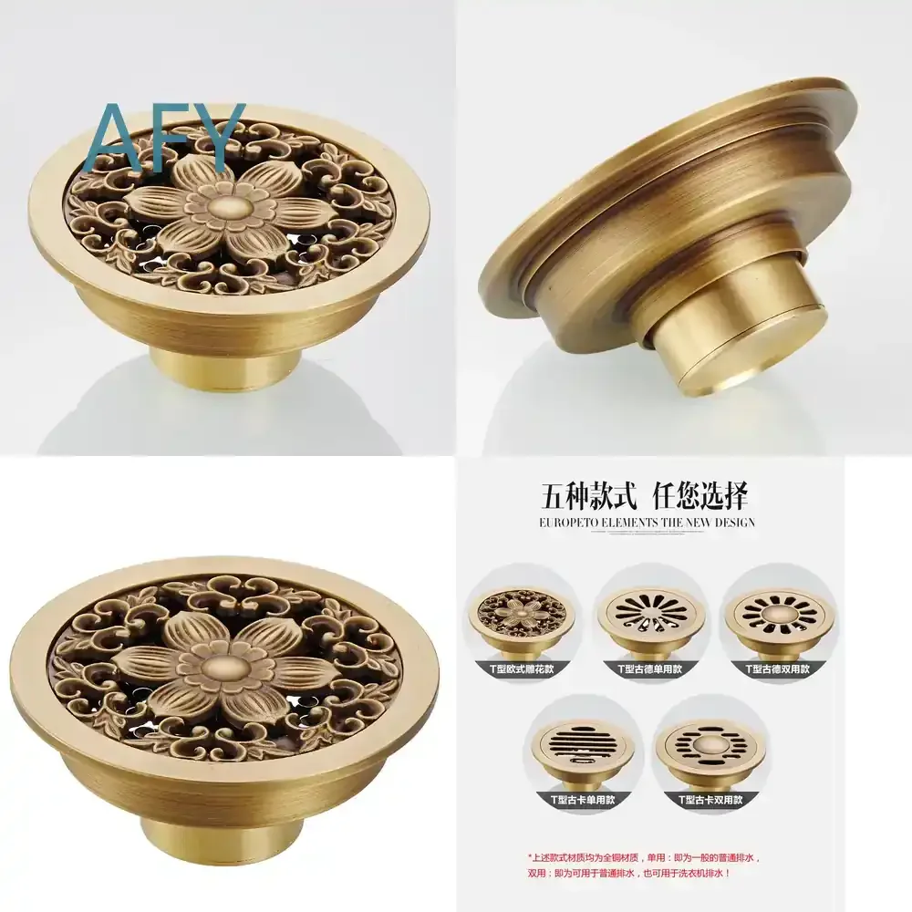 Round All Copper Floor Drain for Toilet Washing Machine Sewer Drainage 10 cm Tee Floor Drain for Bathroom Kitchen Laundry