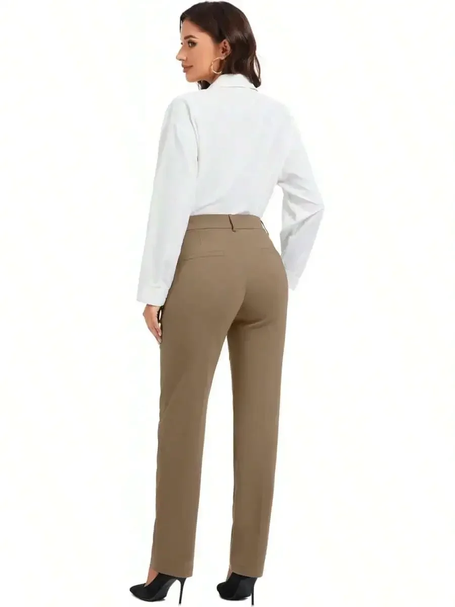 

Womens High Waisted Straight Leg Office Dress Trousers With Zipper And Side Pockets