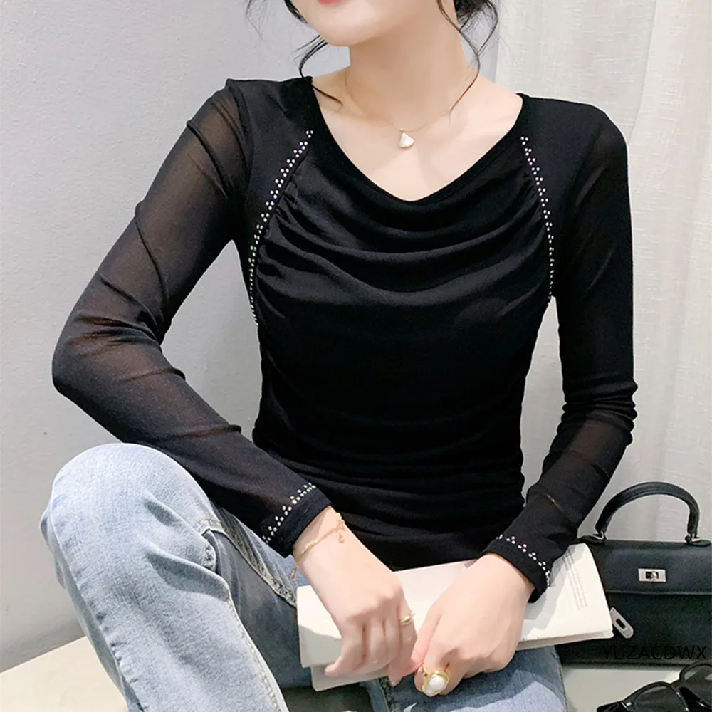 

2025 Autumn New Long Sleeve Pleated Top Elegant Office Lady Tops Rhinestone Blouse Shirt with Pleated Waist Slim y2k clothes