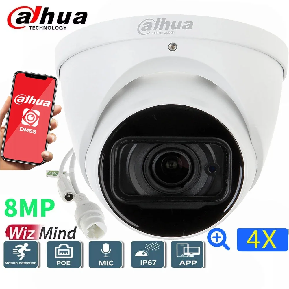 

Dahua IPC-HDW5842T-ZE-S3 Full HD 8MP Starlight Lite AI outdoor eyeball camera with 50m IR, varifocal lens, microphone, PoE