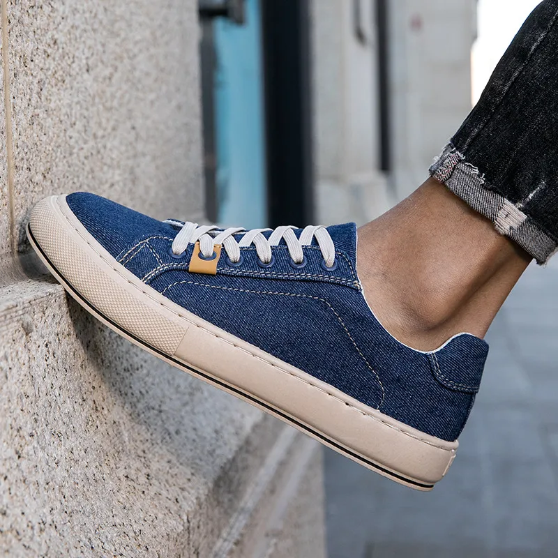 Sapato casual azul clássico masculino, sapato de lona jeans retrô, tênis plano respirável, mocassins primavera, 2024