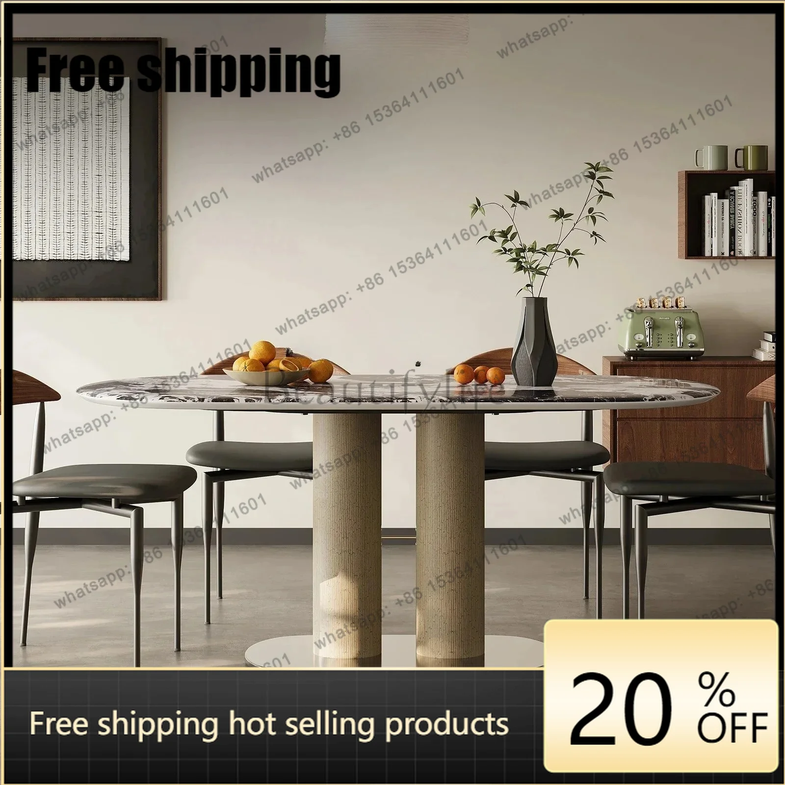 HJ Italian light luxury marble dining table and chair combination small apartment oval designer restaurant dining table high-end