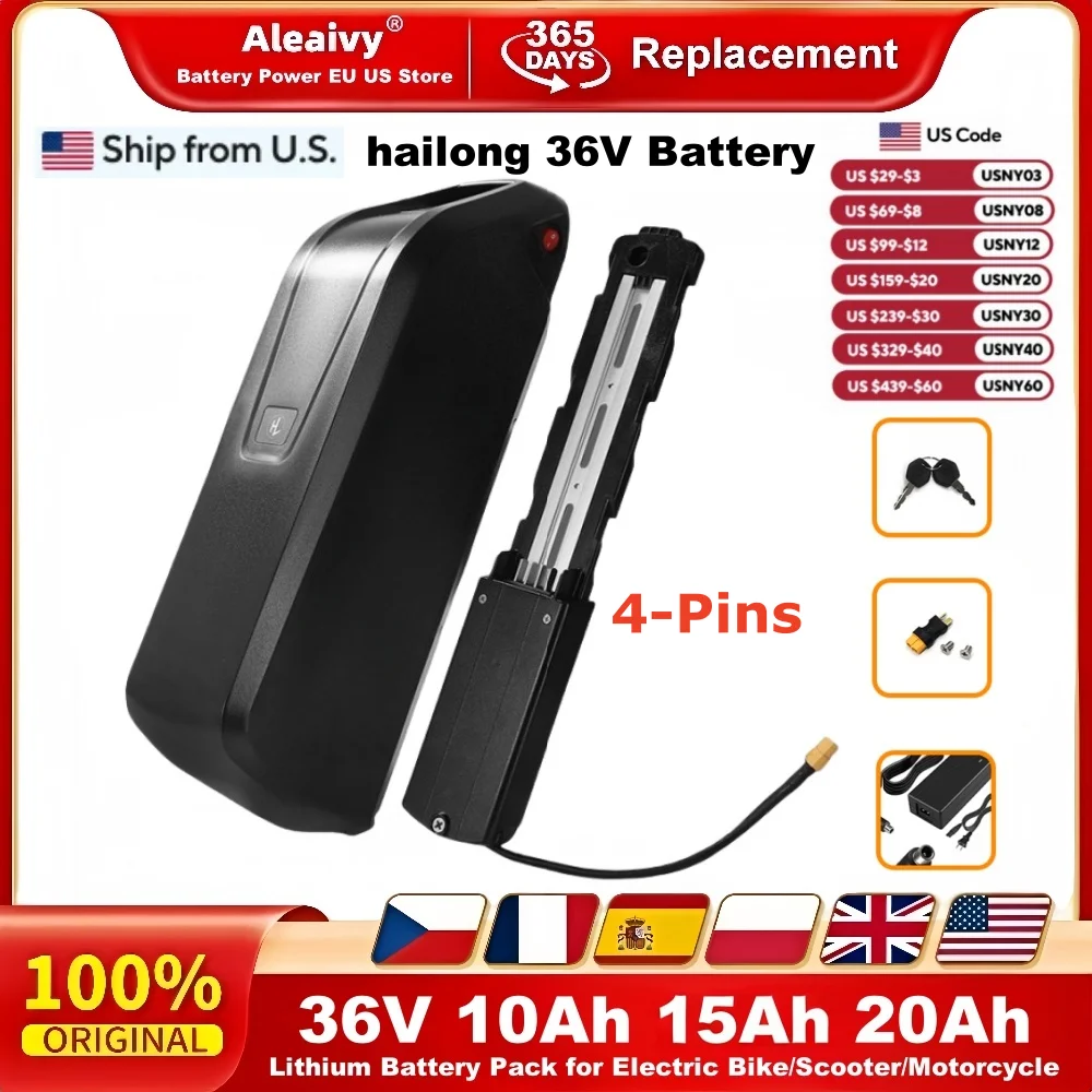 بطارية Hailong Ebike 36 فولت 48 فولت 52 فولت مع شاحن سعة كاملة 10Ah 15Ah 20Ah قوية 18650 بطارية ليثيوم شحن مجاني