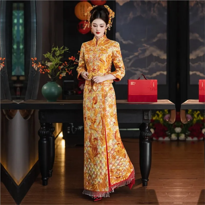 

Three-dimensional embroidered dragon and phoenix gowns toasting figure-hugging wedding luxurious evening