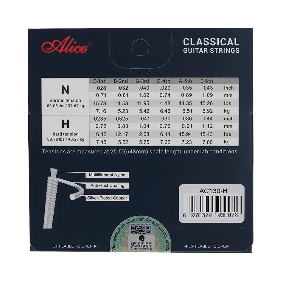 Alice AC130 Classical Guitar String Set Clear Nylon Plain String Silver Plated Copper Alloy Winding Anti-Rust Coating