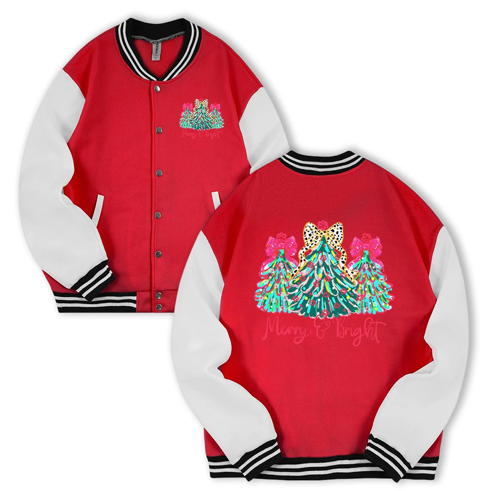 

Colorful Christmas Tree Print Male Baseball Jersey Loose Casual Jackets Street Fleece Tops Vintage Button Clothes For Men