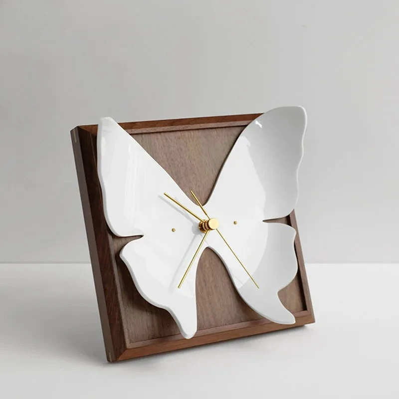 Creative White Butterfly Shaped Table Clocks Silent Sweep Needle Clock Living Room Decoration Wood Framed Wall-mounted Timepiece