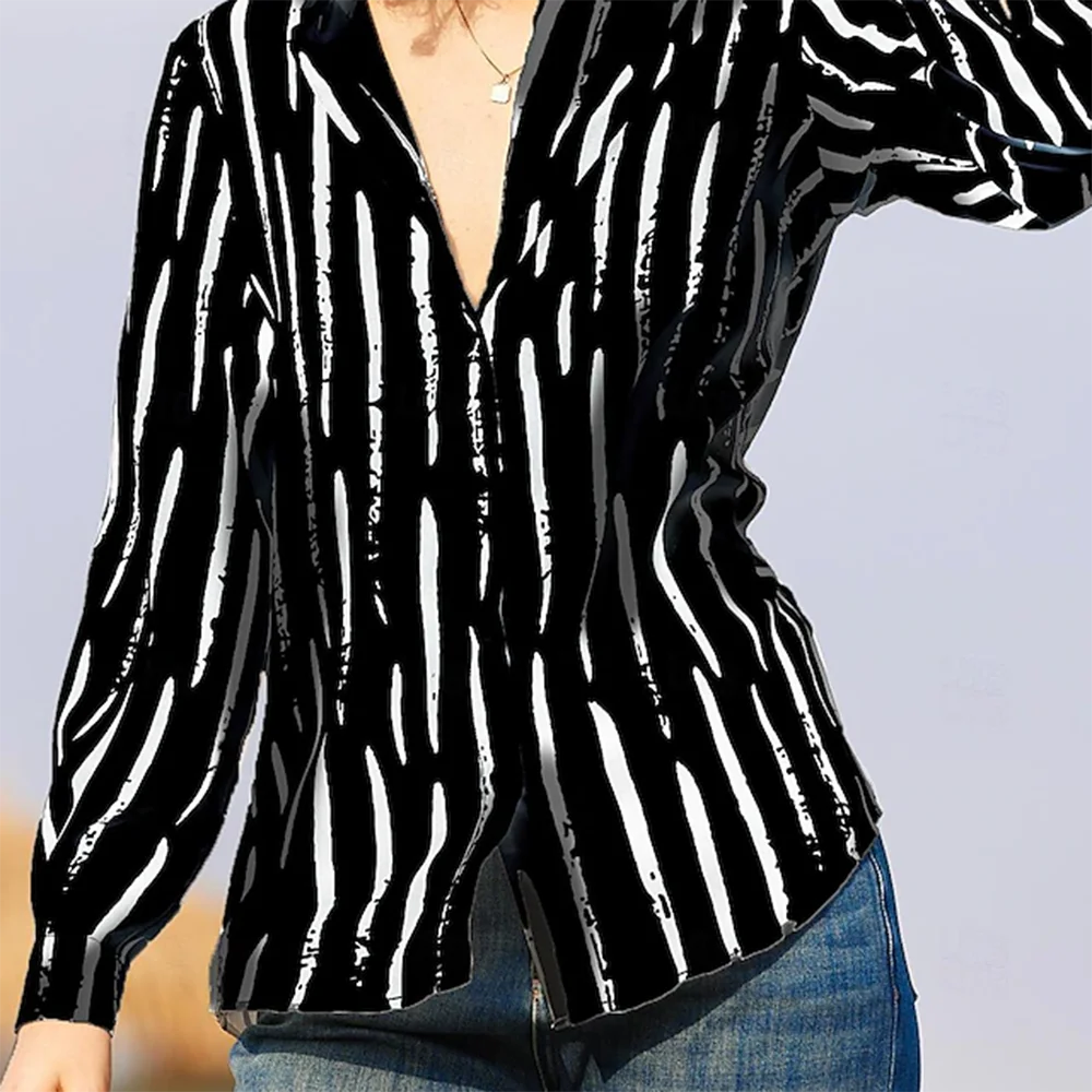 2024 New Women\'s Elegant Long Sleeve Shirt Spring Summer Basic Shirts 3d Striped Printed Classic Top For Office Commuting Shirts