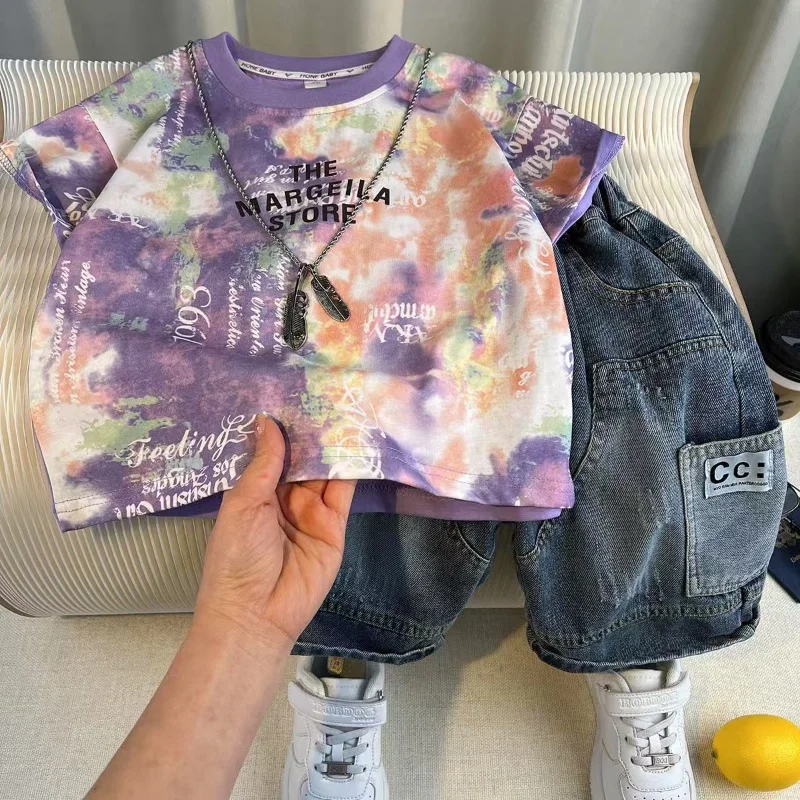 

Boys' Summer Set 2025 New Style Children's Fashion T-shirt Cowboy Shorts Two Piece Set Boys' Children's Clothing 2-9Y