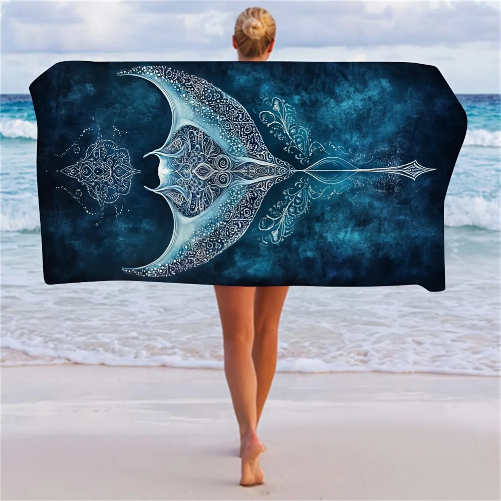 1 Pc Deep Blue Ray Fish Beach Towel, Microfiber Quick-Dry, for Beach Cover-up/Mat/Sunshade, Summer Outdoor Travel Essential