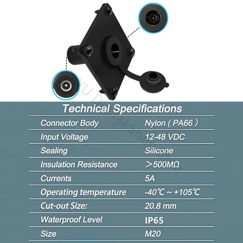 96BA Panel Mount 12V Female Power Inlet with Protective Cap, 5A 60W Power Socket for Equipment Housing, Outdoor Monitoring