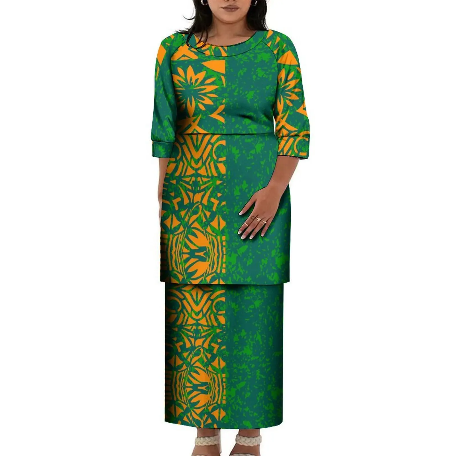 Dropshipping Custom Samoan Puletasi Dresses Set Large Size Women O Neck Prom Dress Tonga Samoan Print Half Sleeve Dress 2 Piece