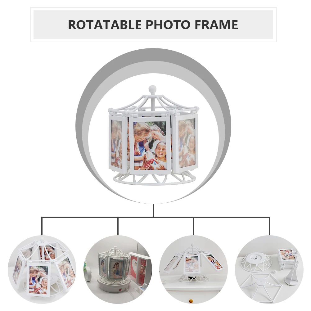 

360 Degree Rotatable Photo Frame Music Box Picture Display Stand Decorative Tabletop Gift for Kids Family Mechanical Carousel