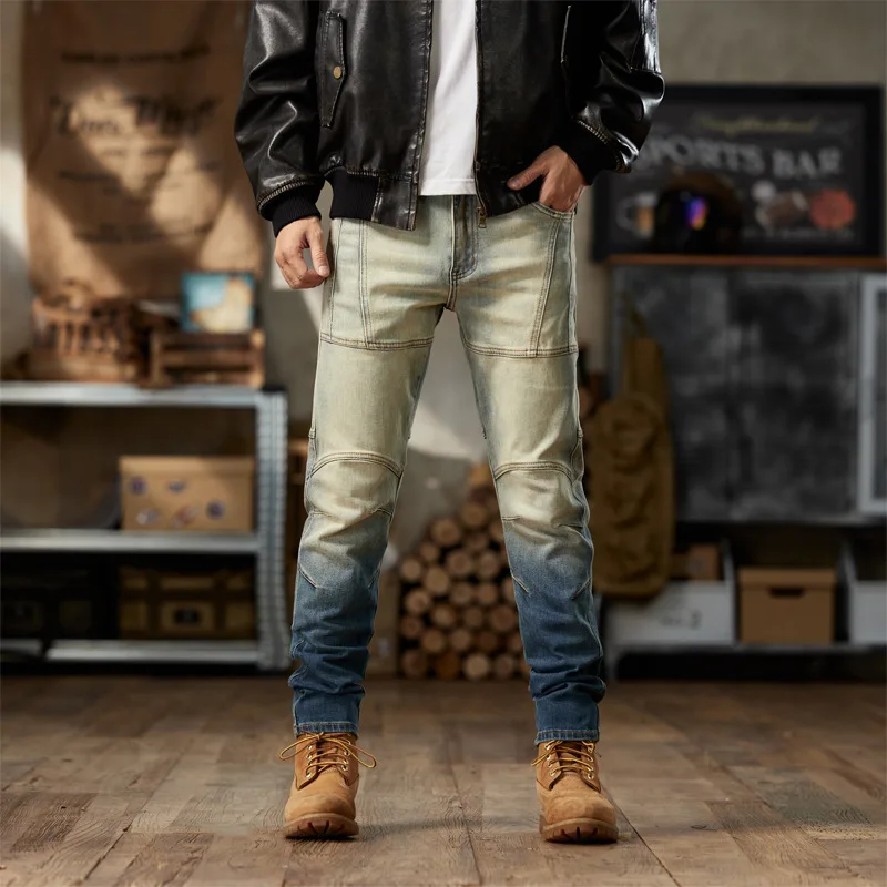 خمر الجينز العصرية للدراجات النارية الرجال، العصرية المرقعة كتلة اللون الراقية السراويل نحيل الموضة