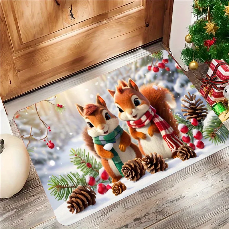 Cute Winter Squirrel Front Door Mat Scarf Squirrel Pine Cone Snowy Berry Print Merry Christmas Decor Doormat for Holiday