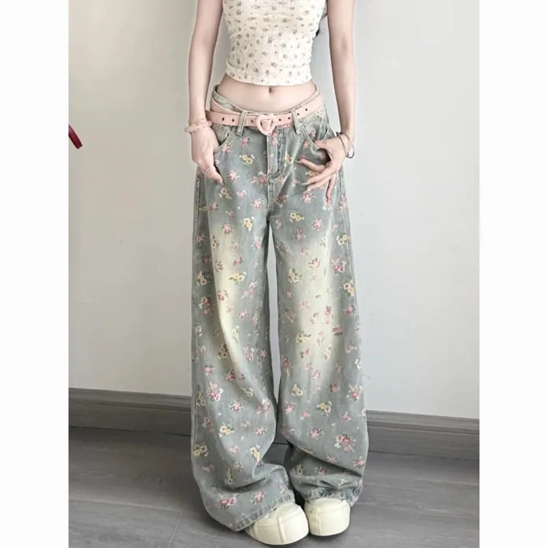 

American Retro Floral High-waisted New Slimming Wide-leg Jeans Women's Loose Straight-leg Pants Drape Floor-length Pants Fashion