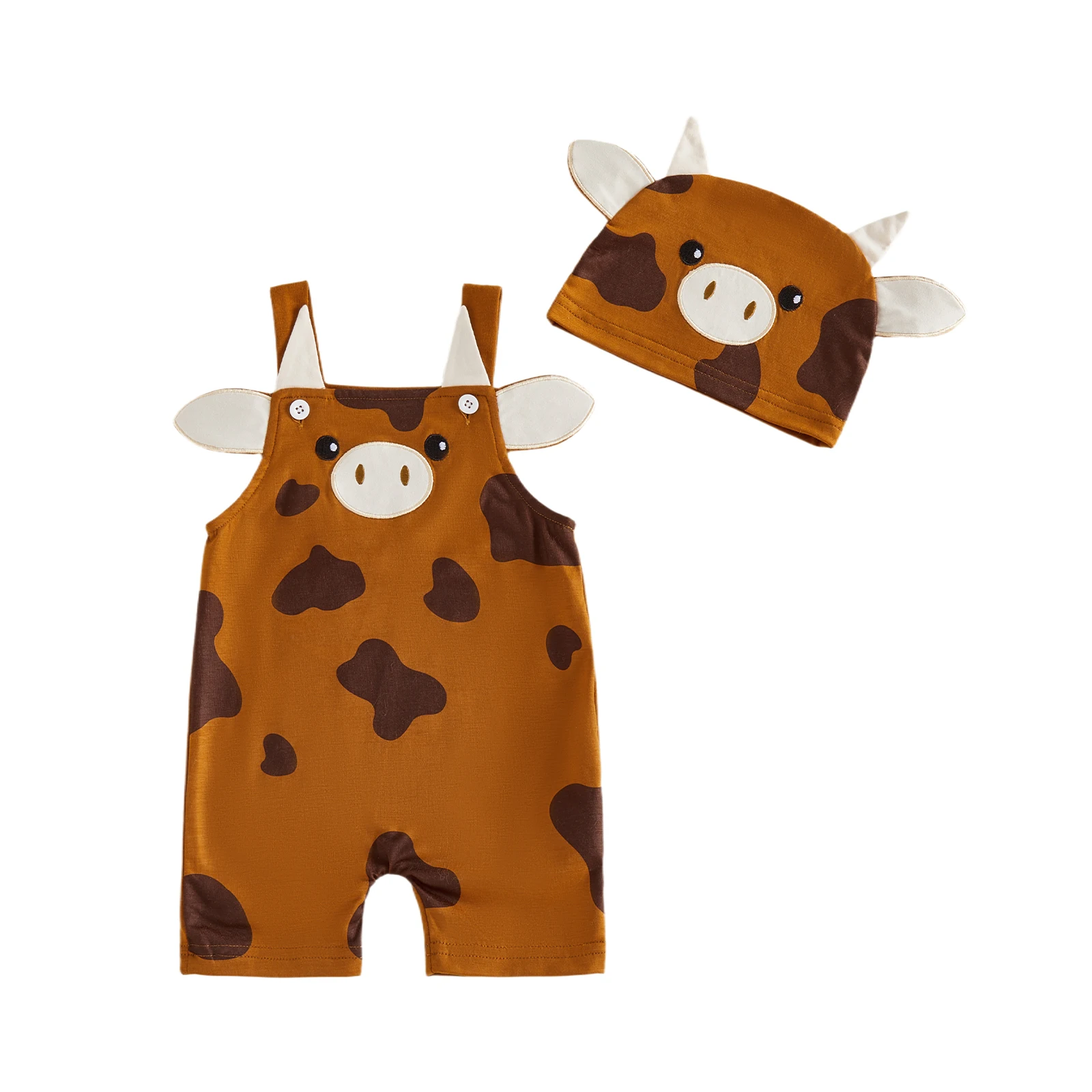 Baby Boy Summer Tank Jumpsuit Infant Brown Sleeveless Cartoon Cow Romper with Hat