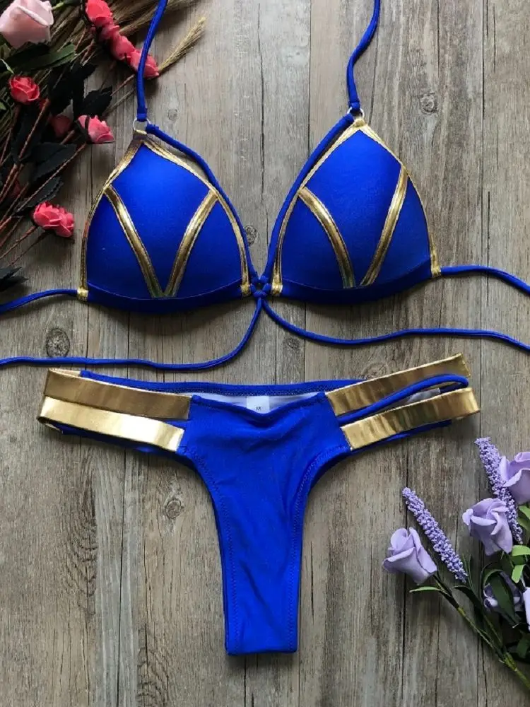 2019 ouro carimbo feminino conjunto de biquíni sexy acolchoado maiô push up bikini banho verão beachwear brasil maiô