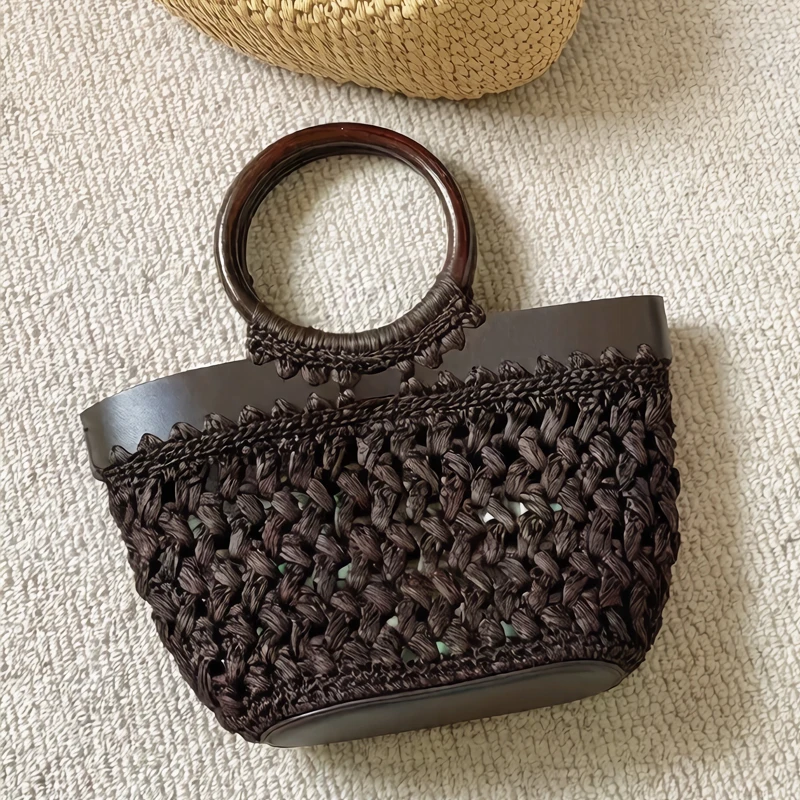 Beach Straw Bucket Bags For Women Luxury Designer Handbag And Purses 2026 New In Grass Knitted Hollow With Inner Pocket Shoulder