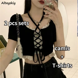 2 Pieces Sets Women Crop Tops Neck-mounted Slim Bandage T-shirts Camis Korean Style New Fashion Ins Summer Y2k Sexy Preppy Sweet