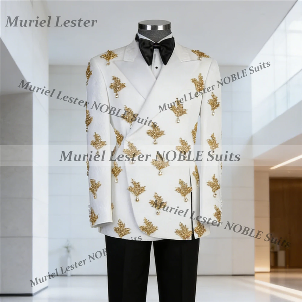 

Man Crystals Beaded Double Breasted Tuxedos Men Suits 2 Pieces Sets Slim Fit Wedding Groom Blazers Customized rajes para hombre
