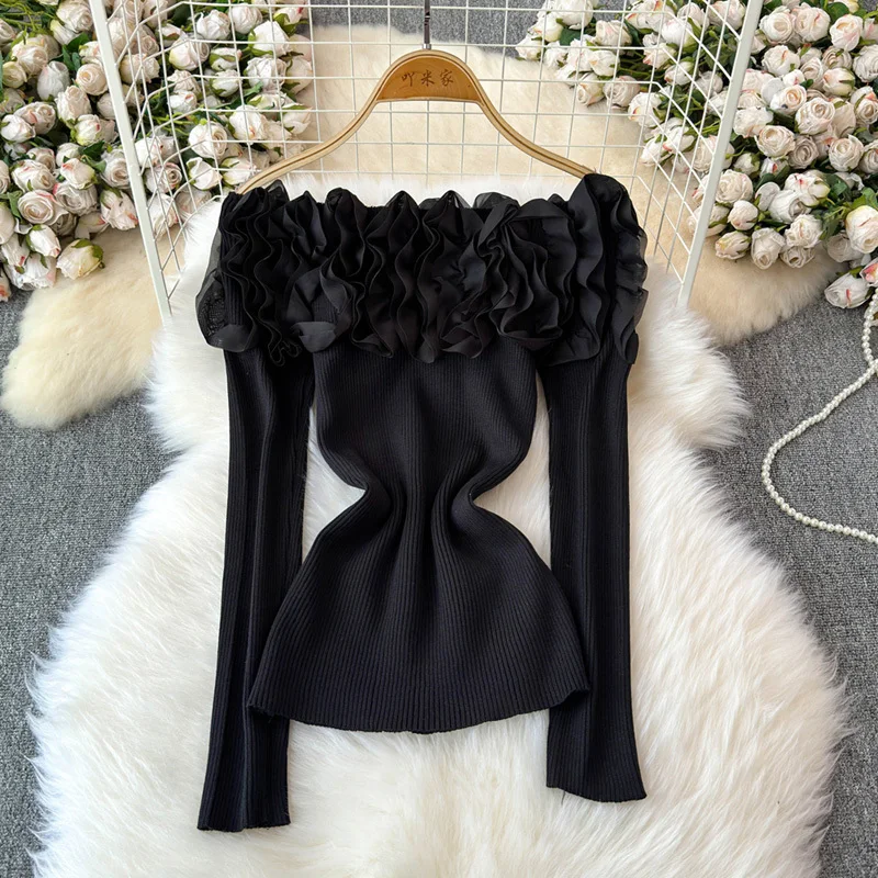 EWQ Fashion 3D Ruffle Knitted Backless Blouse For Women 2024 Autumn New Long Sleeve High Waist Casual Slim Clothing 27X1053